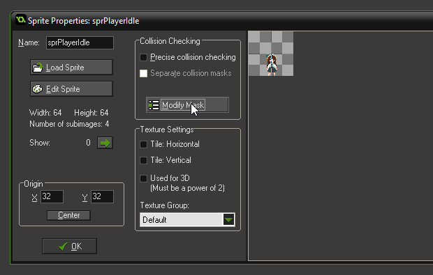 The Sprite Editor in the GameMaker Studio IDE, mouse hovered over 'Modify Mask'