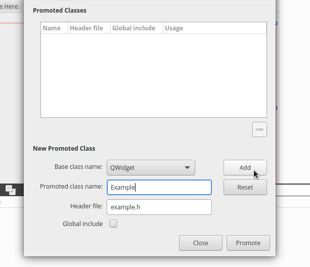 Enter 'Example' into the promoted class name box and click Add.